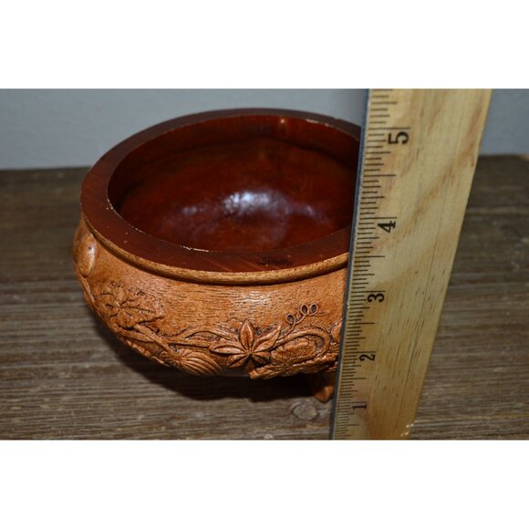 Vintage Faux Wood Carved Mold Resin Footed Floral Leaf Design Bowl Dish Display - Picture 10 of 11